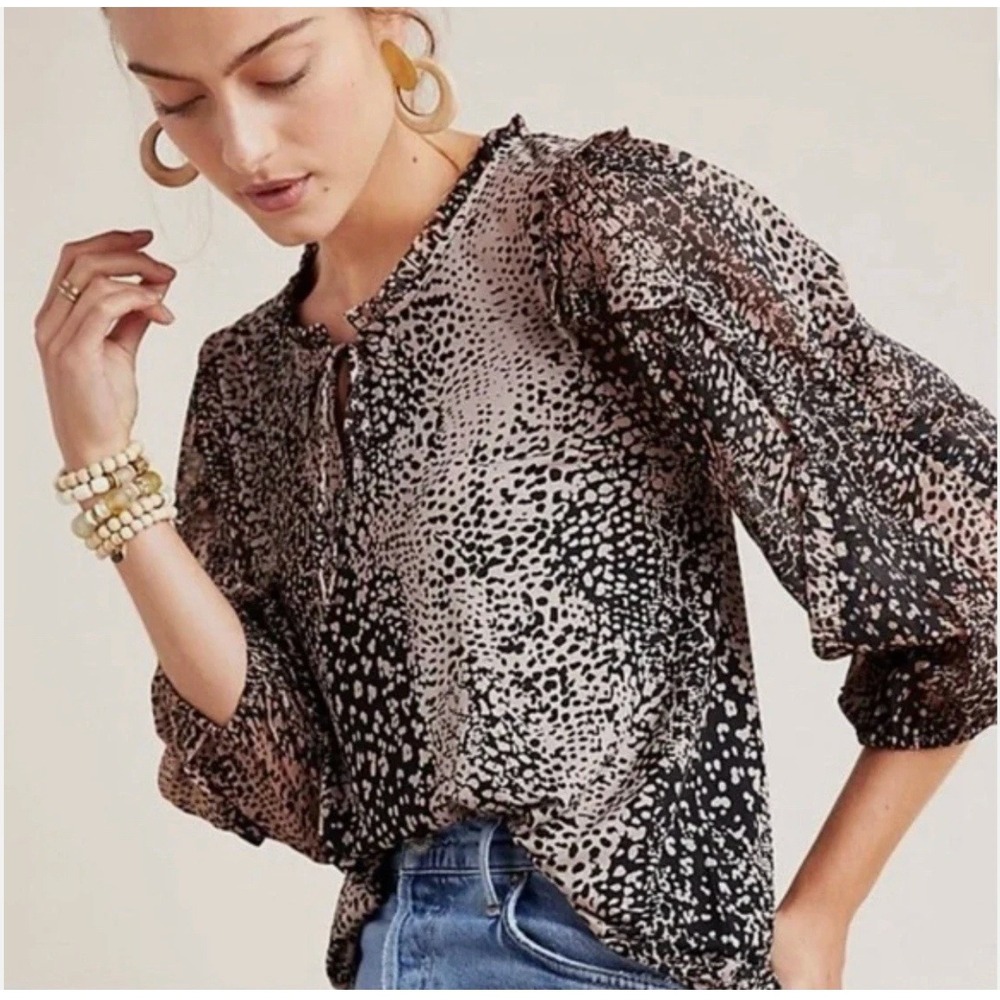 Maeve Anthropologie Womens XS Animal Print Ruffle Tie Neck Blouse Fall
